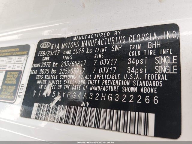 45670439 :رقم المزاد ، 5XYPG4A32HG322266 vin ، 2017 Kia Sorento 2.4l Lx مزاد بيع