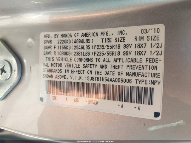 45670447 :رقم المزاد ، 5J8TB1H54AA006006 vin ، 2010 Acura Rdx مزاد بيع