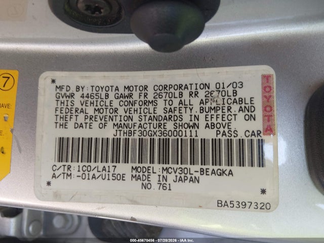 Aukcja sprzedaży 2003 Lexus Es 300, vin: JTHBF30GX36000111, numer aukcji: 45670456
