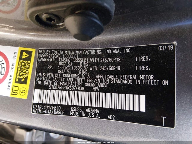45670471 :رقم المزاد ، 5TDBZRFH4KS974838 vin ، 2019 Toyota Highlander Le مزاد بيع