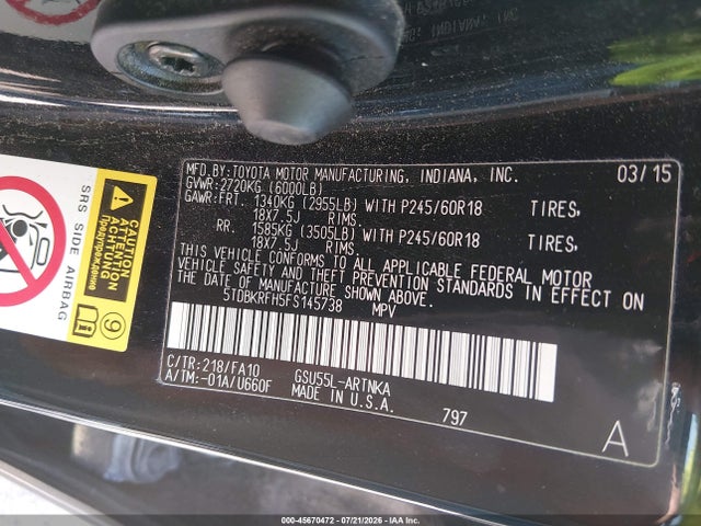 5TDBKRFH5FS145738 Toyota Highlander Le Plus V6