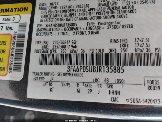 2018 Ford Fusion Energi Platinum/titanium მანქანა იყიდება აუქციონზე, vin: 3FA6P0SU8JR135885, აუქციონის ნომერი: 45670481