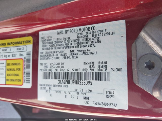 Ford Fusion Hybrid Se 2017 3FA6P0LU9HR253095 Image 9
