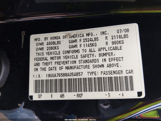 Продажа на аукционе авто 2008 Acura Tl Type S, vin: 19UUA76588A054857, номер лота: 45670496