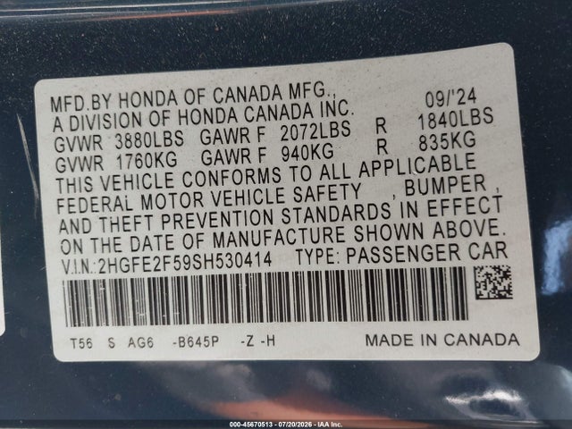 2HGFE2F59SH530414 Honda Civic Sport