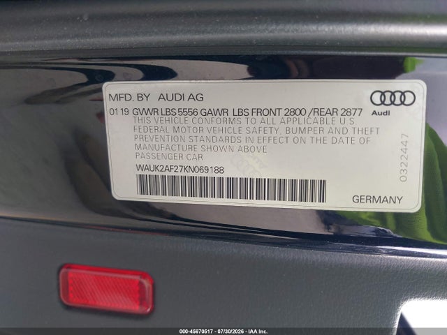 45670517 :رقم المزاد ، WAUK2AF27KN069188 vin ، 2019 Audi A6 55 Premium مزاد بيع