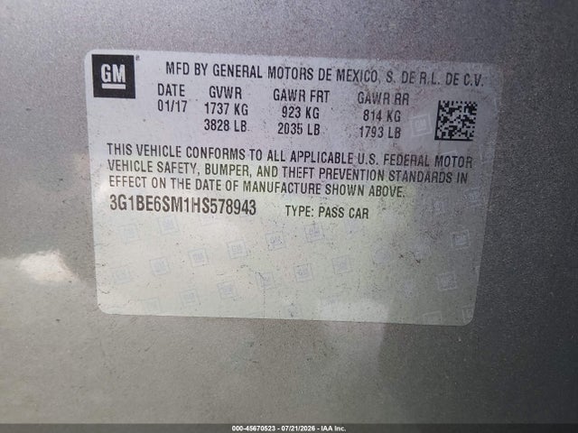 2017 Chevrolet Cruze Lt Auto მანქანა იყიდება აუქციონზე, vin: 3G1BE6SM1HS578943, აუქციონის ნომერი: 45670523