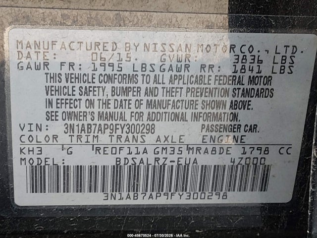 Продаж на аукціоні авто 2015 Nissan Sentra Sr, vin: 3N1AB7AP9FY300298, номер лоту: 45670524