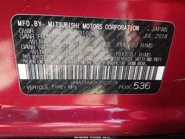 Aukcja sprzedaży 2019 Mitsubishi Eclipse Cross Sel, vin: JA4AT5AA2KZ003278, numer aukcji: 45670538