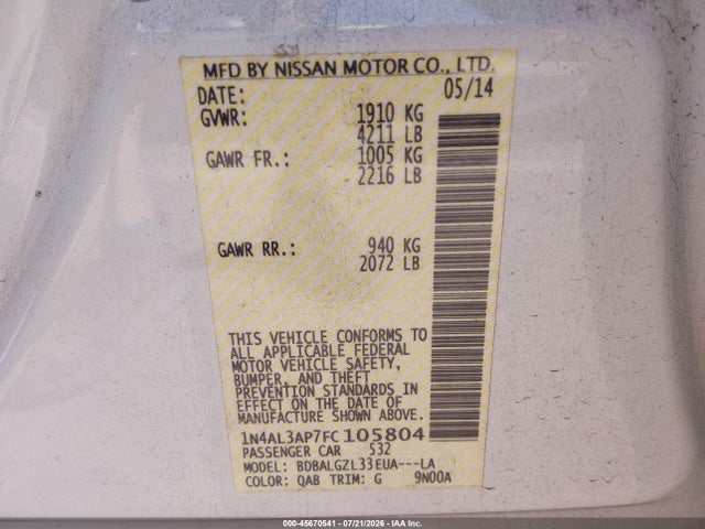 Nissan Altima 2.5 S 2015 1N4AL3AP7FC105804 Image 9