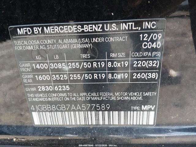 2010 Mercedes-benz Ml 350 4matic მანქანა იყიდება აუქციონზე, vin: 4JGBB8GB7AA577589, აუქციონის ნომერი: 45670545