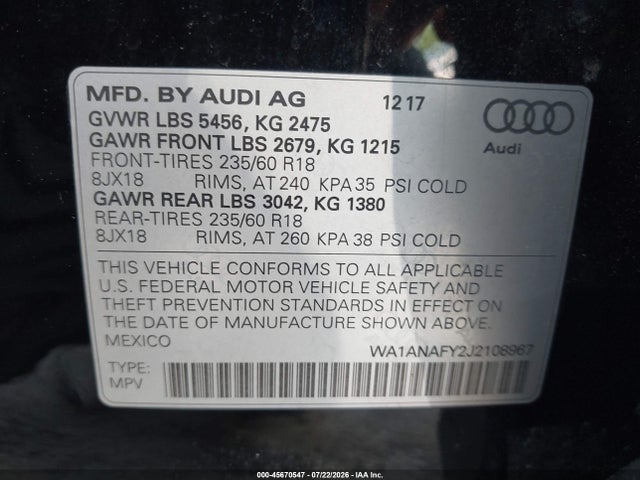 Продажа на аукционе авто 2018 Audi Q5 2.0t Premium/2.0t Tech Premium, vin: WA1ANAFY2J2108967, номер лота: 45670547