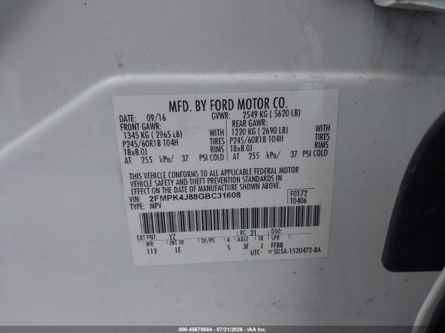45670564 :رقم المزاد ، 2FMPK4J88GBC31608 vin ، 2016 Ford Edge Sel مزاد بيع