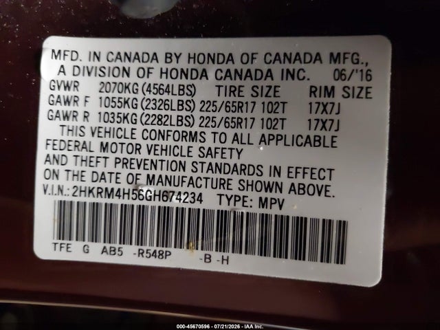 2016 Honda Cr-v Ex მანქანა იყიდება აუქციონზე, vin: 2HKRM4H56GH674234, აუქციონის ნომერი: 45670596