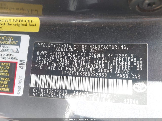 Aukcja sprzedaży 2011 Toyota Camry Le, vin: 4T1BF3EK6BU222858, numer aukcji: 45670600