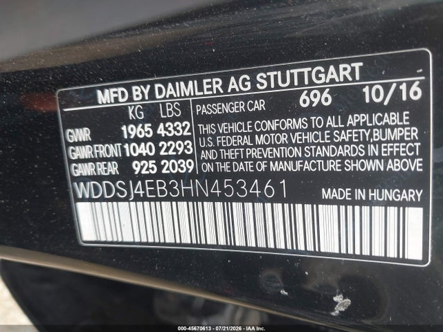 45670613 :رقم المزاد ، WDDSJ4EB3HN453461 vin ، 2017 Mercedes-benz Cla 250 مزاد بيع