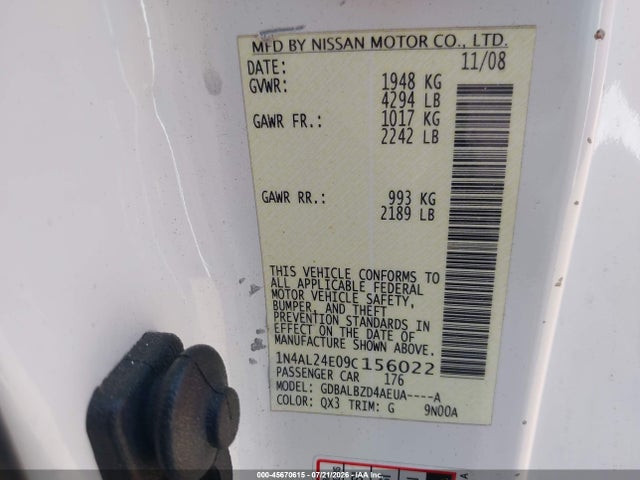 Продаж на аукціоні авто 2009 Nissan Altima 2.5 S, vin: 1N4AL24E09C156022, номер лоту: 45670615