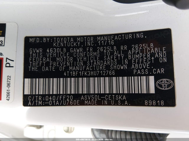 Продажа на аукционе авто 2017 Toyota Camry Se, vin: 4T1BF1FK3HU712766, номер лота: 45670618