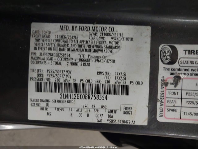 45670626 :رقم المزاد ، 3LNHL2GC0BR758554 vin ، 2011 Lincoln Mkz مزاد بيع