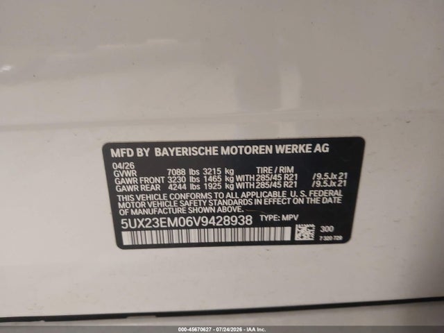 45670627 :رقم المزاد ، 5UX23EM06V9428938 vin ، 2027 Bmw X7 مزاد بيع