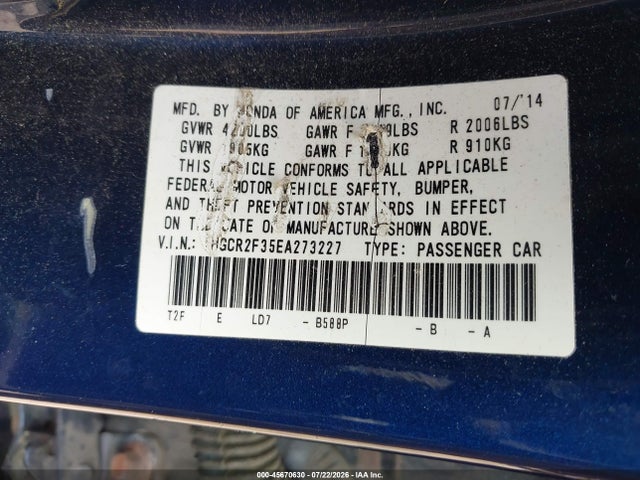 Honda ACCORD LX 2014 1HGCR2F35EA273227 Image 9
