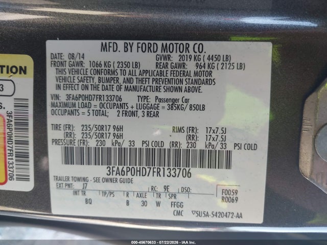 3FA6P0HD7FR133706 Ford FUSION SE