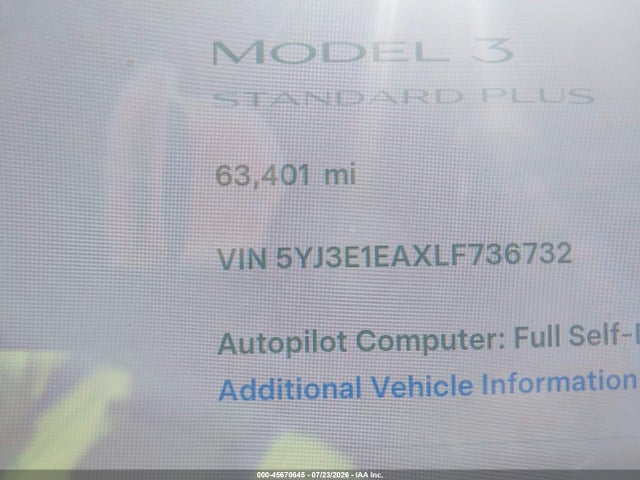 2020 Tesla Model 3 Standard Range Plus Rear-wheel Drive/standard Range Rear-wheel Drive მანქანა იყიდება აუქციონზე, vin: 5YJ3E1EAXLF736732, აუქციონის ნომერი: 45670645