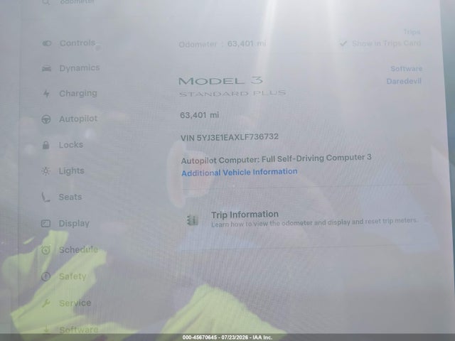 Auction sale of the 2020 Tesla Model 3 Standard Range Plus Rear-wheel Drive/standard Range Rear-wheel Drive, vin: 5YJ3E1EAXLF736732, lot number: 45670645