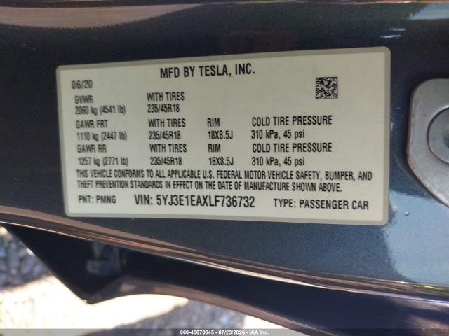 2020 Tesla Model 3 Standard Range Plus Rear-wheel Drive/standard Range Rear-wheel Drive მანქანა იყიდება აუქციონზე, vin: 5YJ3E1EAXLF736732, აუქციონის ნომერი: 45670645