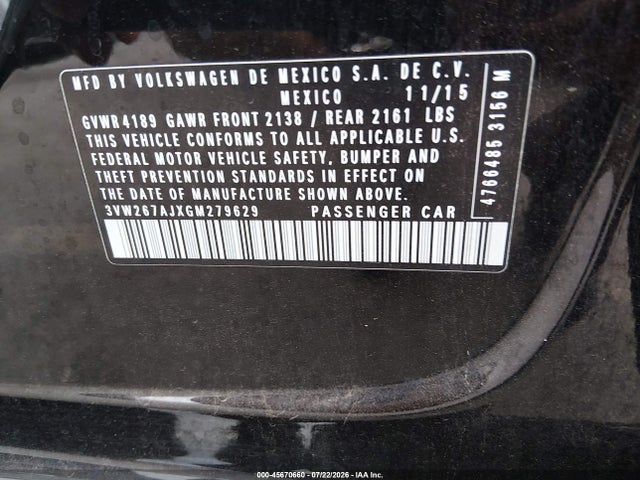2016 Volkswagen Jetta 1.4t S მანქანა იყიდება აუქციონზე, vin: 3VW267AJXGM279629, აუქციონის ნომერი: 45670660