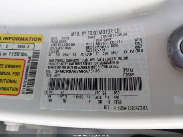 45670671 :رقم المزاد ، 3FMCR9A68MRA75136 vin ، 2021 Ford Bronco Sport مزاد بيع