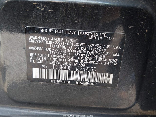 45670672 :رقم المزاد ، JF2GPADC1H8252665 vin ، 2017 Subaru Crosstrek 2.0i Premium مزاد بيع