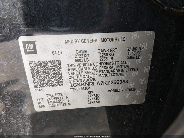 Aukcja sprzedaży 2019 Gmc Acadia Sle-1, vin: 1GKKNRLA7KZ256383, numer aukcji: 45670725