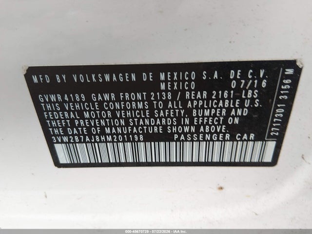 Продаж на аукціоні авто 2017 Volkswagen Jetta 1.4t S, vin: 3VW2B7AJ8HM201198, номер лоту: 45670729