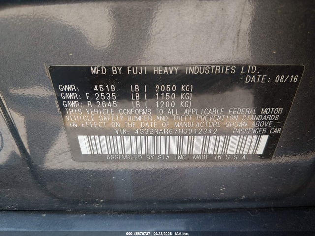 45670737 :رقم المزاد ، 4S3BNAR67H3012342 vin ، 2017 Subaru Legacy 2.5i Sport مزاد بيع
