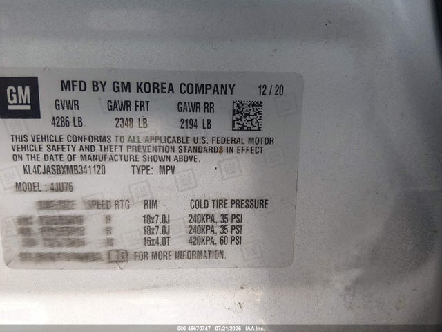 Продаж на аукціоні авто 2021 Buick Encore Fwd Preferred, vin: KL4CJASBXMB341120, номер лоту: 45670747