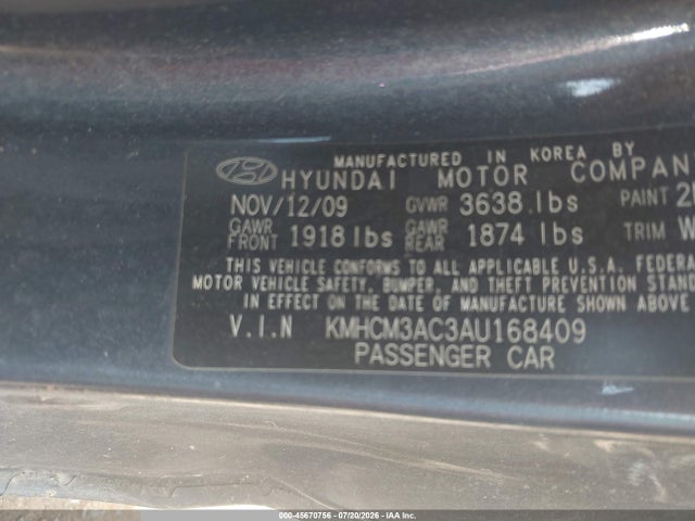 Продажа на аукционе авто 2010 Hyundai Accent Gs, vin: KMHCM3AC3AU168409, номер лота: 45670756