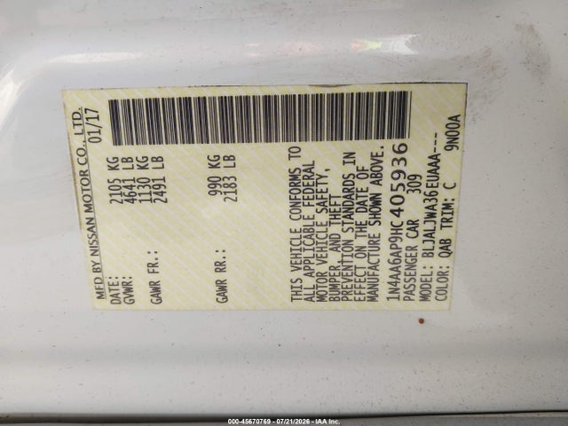 2017 Nissan Maxima 3.5 Sv მანქანა იყიდება აუქციონზე, vin: 1N4AA6AP9HC405936, აუქციონის ნომერი: 45670769