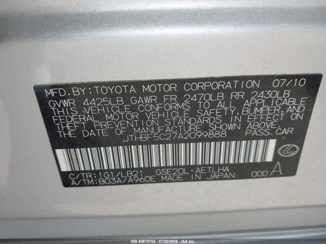 Продажа на аукционе авто 2010 Lexus Is 250, vin: JTHBF5C27A2099888, номер лота: 45670784