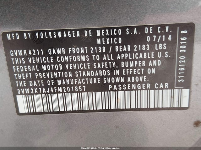 3VW2K7AJ4FM201857 Volkswagen Jetta 2.0l S