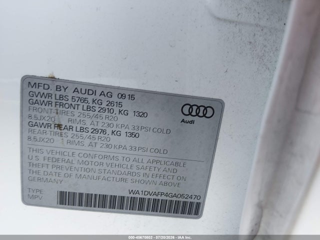 Продаж на аукціоні авто 2016 Audi Q5 3.0 Tdi Premium Plus, vin: WA1DVAFP4GA052470, номер лоту: 45670802