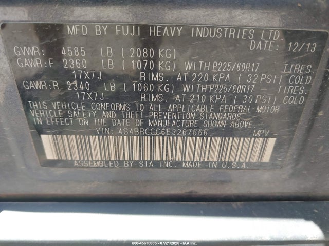 Продаж на аукціоні авто 2014 Subaru Outback 2.5i Premium, vin: 4S4BRCCC6E3267666, номер лоту: 45670805
