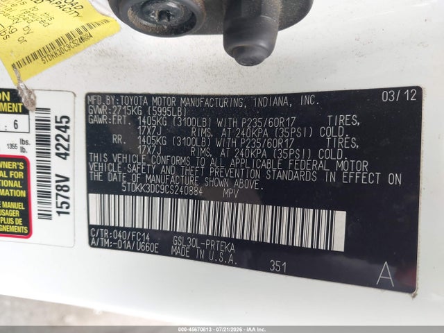 Aukcja sprzedaży 2012 Toyota Sienna Le V6 8 Passenger, vin: 5TDKK3DC9CS240884, numer aukcji: 45670813