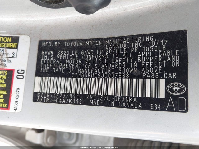 Продаж на аукціоні авто 2018 Toyota Corolla Le, vin: 2T1BURHE9JC007988, номер лоту: 45670838