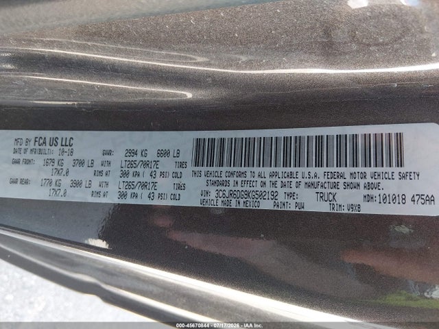 45670844 :رقم المزاد ، 3C6JR6DG9KG502192 vin ، 2019 Ram 1500 Classic Tradesman  4x2 8' Box مزاد بيع