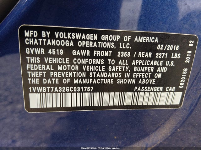 45670856 :رقم المزاد ، 1VWBT7A32GC031757 vin ، 2016 Volkswagen Passat 1.8t Se مزاد بيع