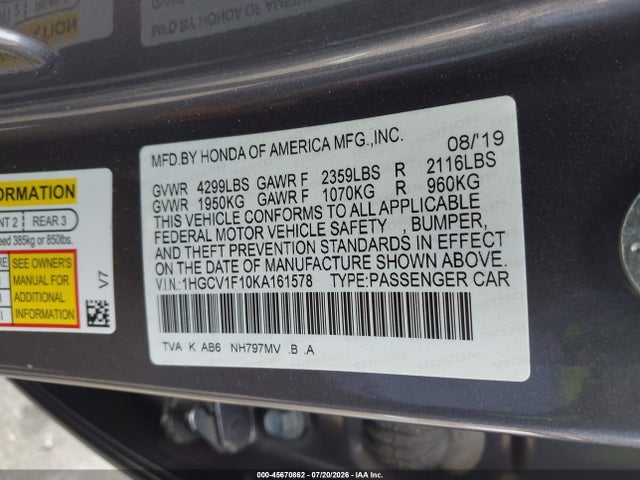 Honda ACCORD LX 2019 1HGCV1F10KA161578 Image 9