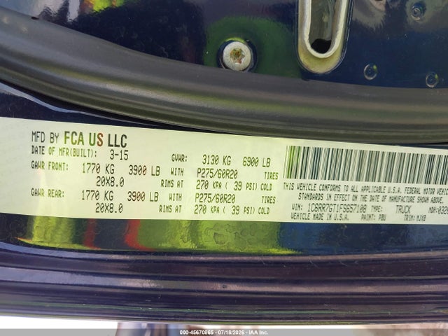 45670865 :رقم المزاد ، 1C6RR7GT1FS657108 vin ، 2015 Ram 1500 Outdoorsman مزاد بيع