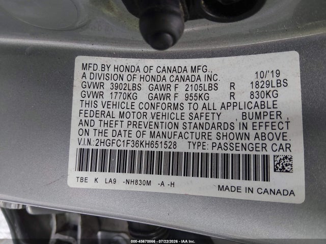 Honda CIVIC EX 2019 2HGFC1F36KH651528 Image 9