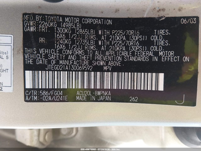 Aukcja sprzedaży 2003 Toyota Highlander, vin: JTEGD21A130069592, numer aukcji: 45670868
